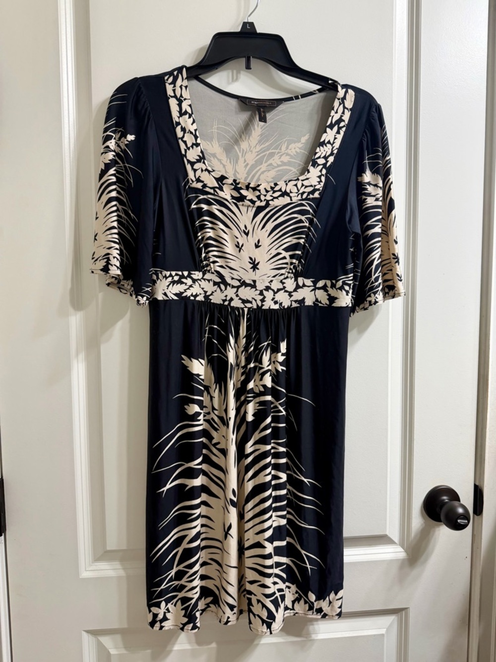 BCBGMaxAzria Black and Cream Floral Empire-Waist Midi Dress